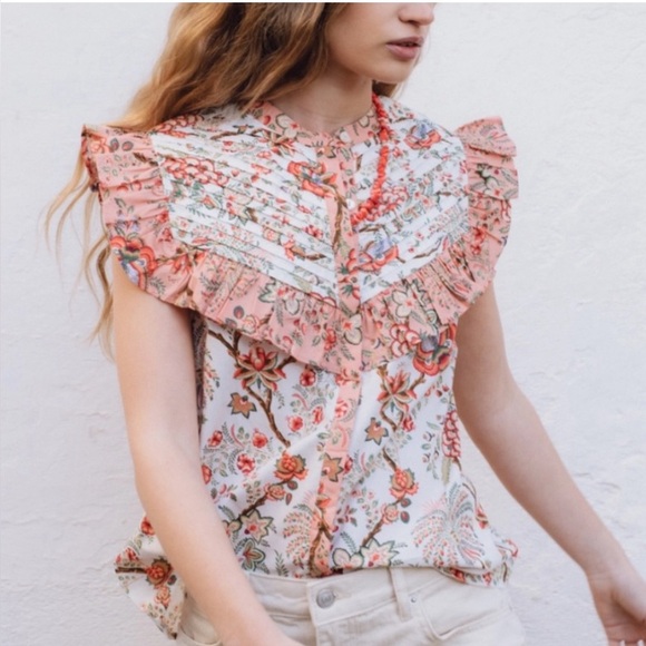 Sonmer Tops - Sonmer- Floral Ruffle Blouse sleeveless- Pink and White NEW $128